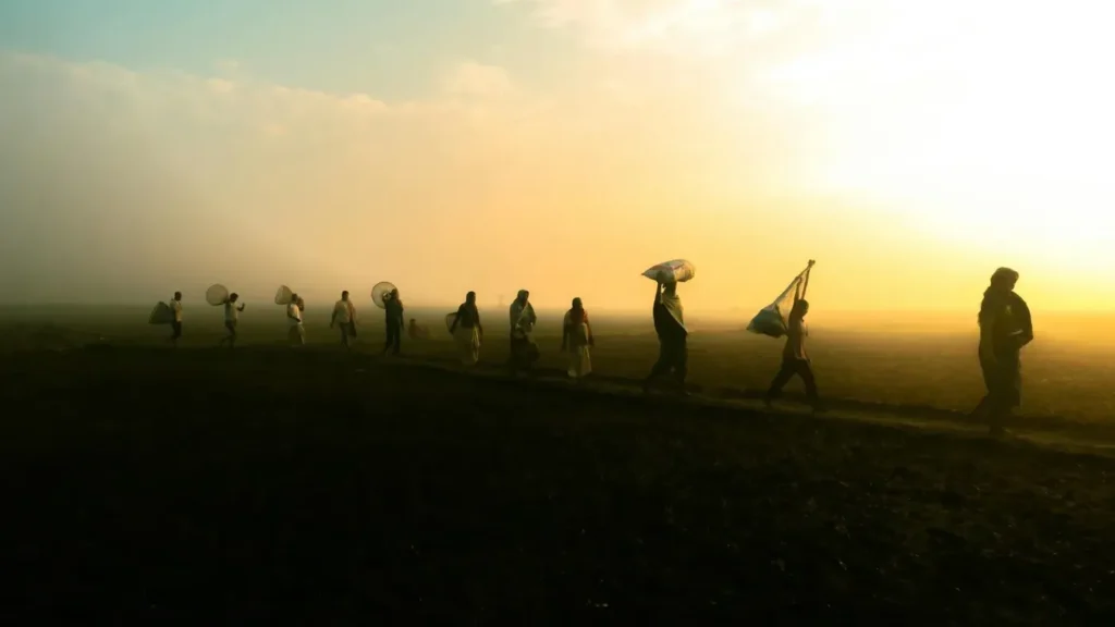 Silhouetted figures walking in mist on a farm