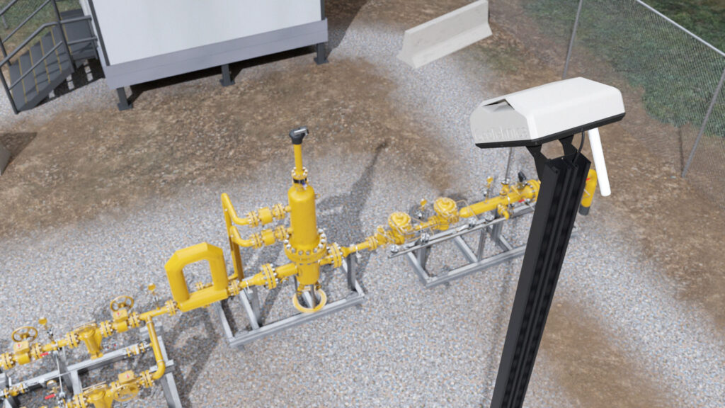 GeoTeknica methane monitoring sensor positioned near yellow gas piping and valve equipment at an industrial site.