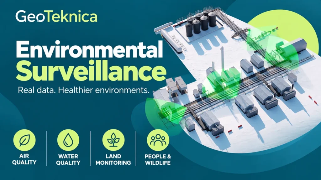 Environmental surveillance technology graphic with icons for air, water, land, and wildlife monitoring.