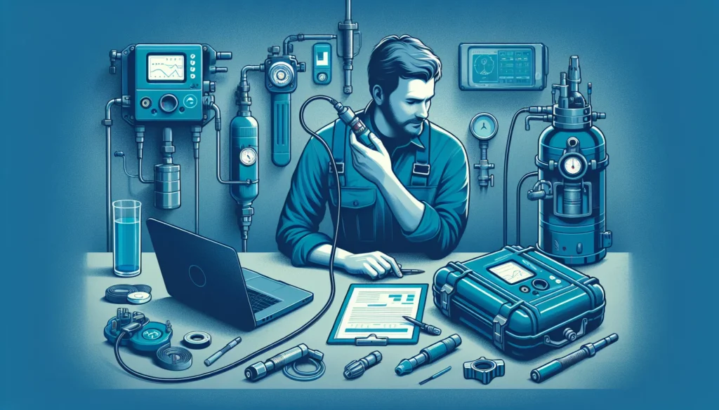 Technician inspecting tools in a lab for a methane detection maintenance guide.